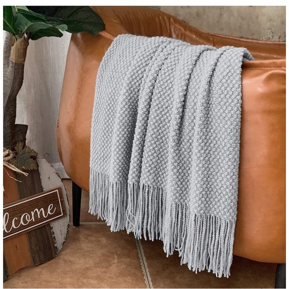 Light Grey Boho Tassel Chunky Knit Dorm/Living/Bedroom Cozy Casual Throw Blanket - Picture 2 of 16